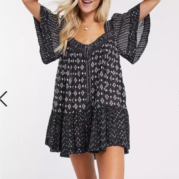[Freepeople] Black White Printed Lace Button down  Oversized Boho Dresse - Picture 1 of 13